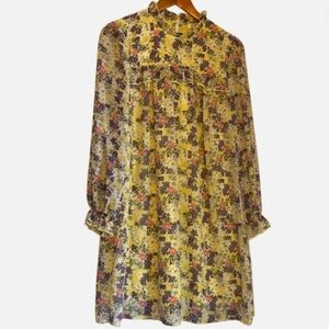 Ditsy Floral Dress Chiffon Overlay Butter Yellow Ruffle Neck Tiered Bust S Boho
